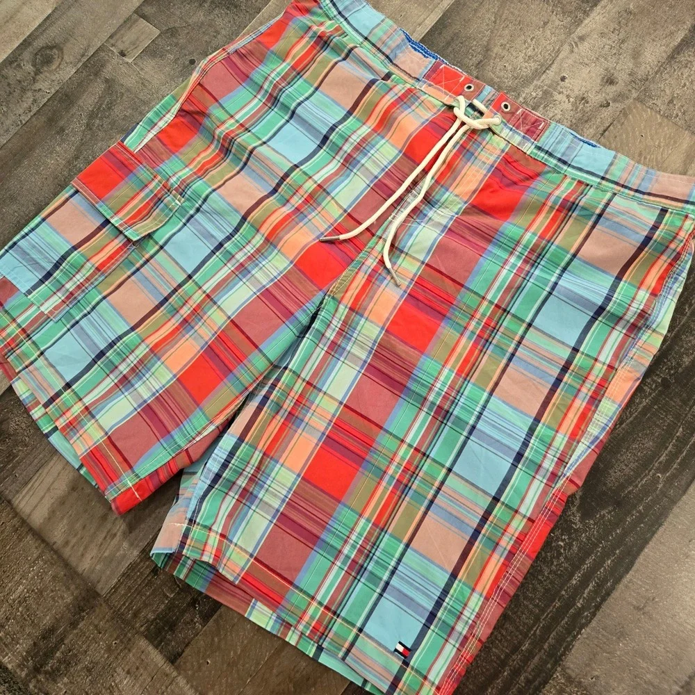 Vintage 2010s Tommy Hilfiger Madras Plaid Swim Trunks Board Shorts MeshLined XXL